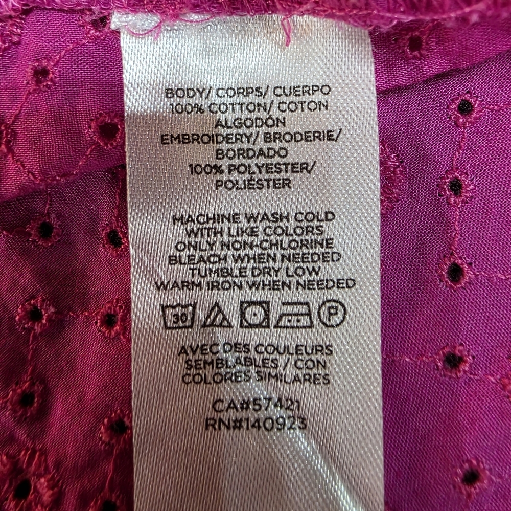 LOFT Raspberry Eyelet Ruffle Top Blouse Women's Large Pink Cotton Short Sleeve - Picture 5 of 5